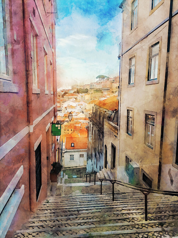 Watercolor painting effect on a photo of an ancient street over rooftops in the city of Lisbon, Portugal. Detail of a stairway in the stone street / cobblestone between old multi-colored houses on an uphill road, typical for Lisbon streets and the beautiful city in the background.  Watercolor effect on a photography.