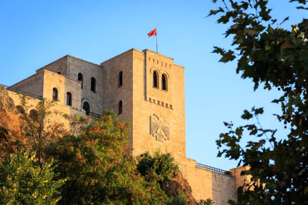istock Kruja, Old Albanian town skyline at sunset 1412690537