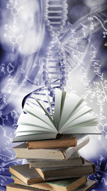 istock stack of books and an open book on a stack against the background of stylized DNA chains. 1412690912