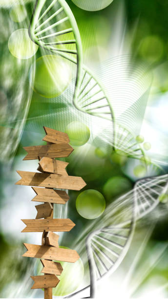 istock road sign against the background of stylized DNA chains. 1412690920