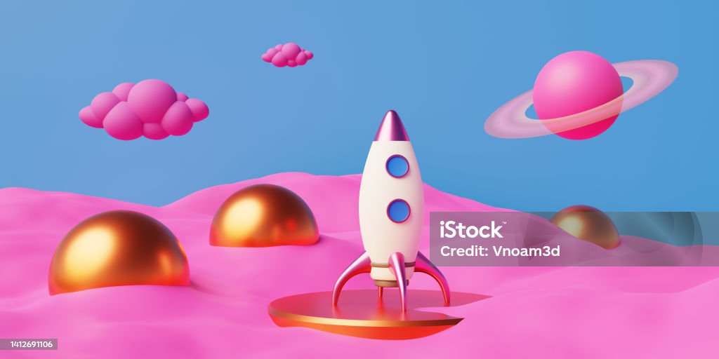 Colonize a pink fantasy planet with a space rocket and live in golden domes Colonize a pink fantasy planet with a space rocket and live in golden domes. 3d rendering. Abstract Stock Photo