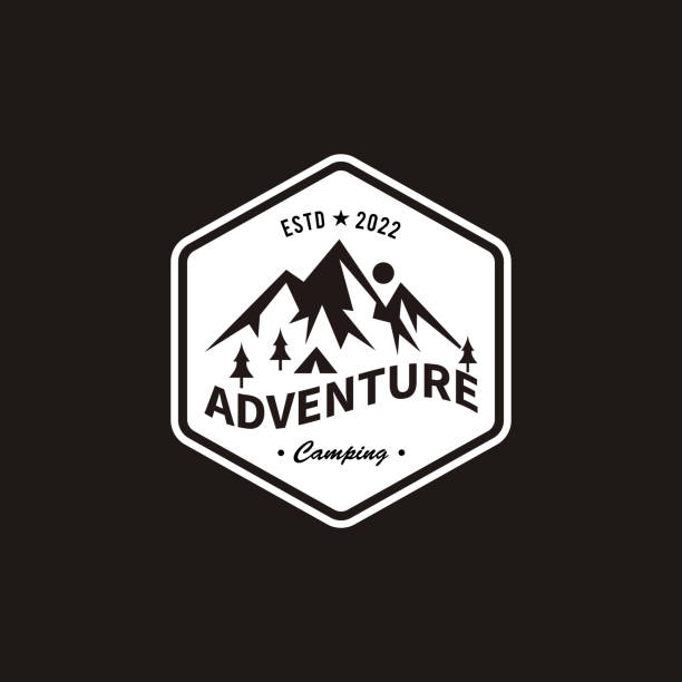 Photo of Summer camp and outdoor adventure illustration logo, mountain, coat of arms, hexagon