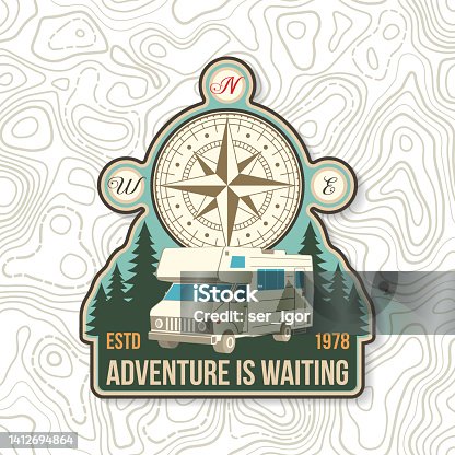 istock Adventure is waiting Logo Patch. Vector illustration Concept for shirt or logo, print, stamp or tee. Vintage typography design with compass, camper rv and forest silhouette. Camping quote. 1412694864