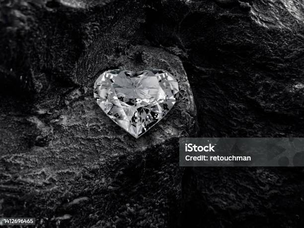 Heart Shaped Diamond On Black Coal Background Stock Photo - Download Image Now - Diamond - Gemstone, Rough, Heart Shape