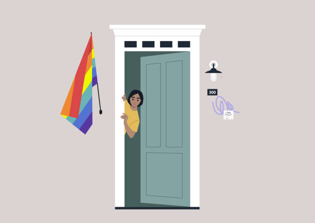 eine junge kaukasische frauenfigur, die aus der eingangstür mit einer regenbogenflagge an der wand späht, ein sicherer raum für die lgbtq-community, kommt heraus - neighbors at the front door stock-grafiken, -clipart, -cartoons und -symbole