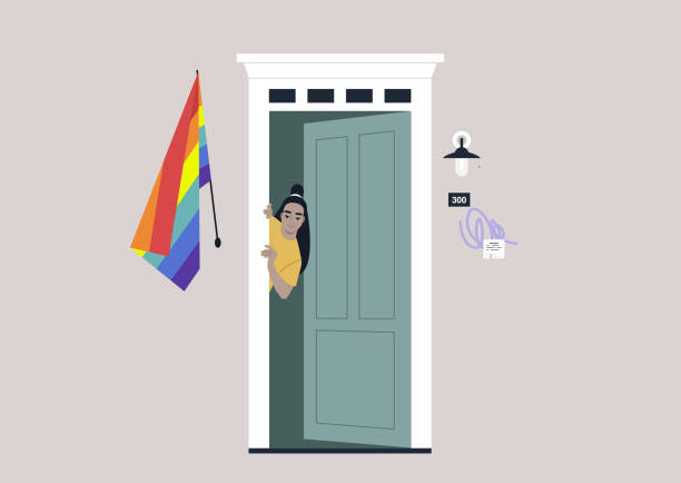 eine junge asiatische frauenfigur, die aus der eingangstür mit einer regenbogenflagge an der wand späht, ein sicherer raum für die lgbtq-community, kommt heraus - neighbors at the front door stock-grafiken, -clipart, -cartoons und -symbole