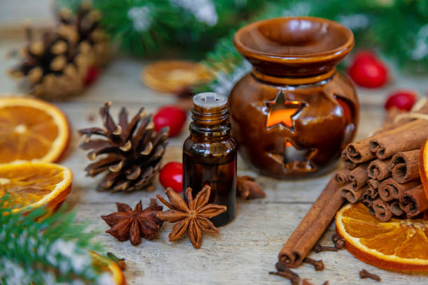 istock Christmas essential oils in small bottles. Selective focus. 1412696670