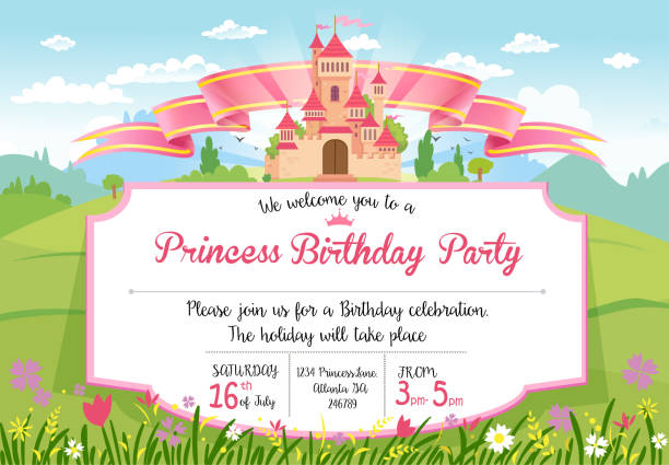 illustrations, cliparts, dessins animés et icônes de invitation à la fête d’anniversaire de la princesse - royaume