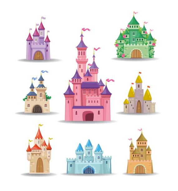 ilustrações, clipart, desenhos animados e ícones de coleção de castelos de contos de fadas. - residential district backgrounds beauty blue