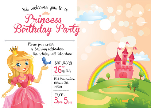 Invitation to Princess Birthday Party with a beautiful Princess and a magnificent castle