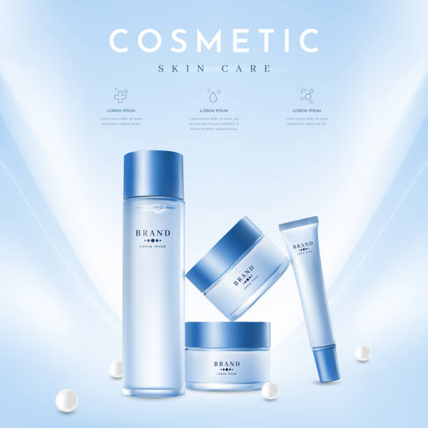 Blue Cosmetic Set Ads with Pearls on Light Blue Background Blue Cosmetic Set Ads with Pearls on Light Blue Background, Vector Illustration skin care background stock illustrations