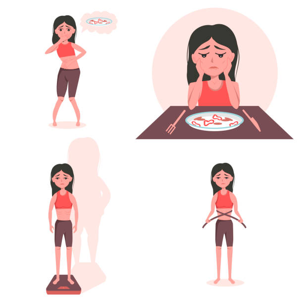 ilustrações de stock, clip art, desenhos animados e ícones de the concept of mental disorder and food addiction - a girl with anorexia, bulimia is afraid to eat, weigh herself, measure body parameters. nauseated at the thought of food - anorexia
