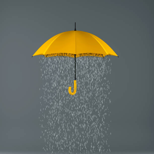 istock Yellow rainy umbrella on gray background. Autumn symbol. Fall colors. Creative 3D rendering. 1412700670