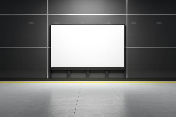istock Empty white mockup banner in dark underground corridor with tile wall. Ad and commercial concept. Mock up, 3D Rendering. 1412701509