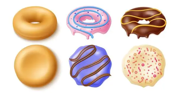 Vector illustration of Donuts constructor. Realistic sweet buns and different glazes and toppings, top and side view, mixed flavors cakes kit, chocolate and vanilla lavender, sweet desserts, utter vector 3d set