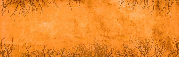 Bare trees silhouetted in front of an orange grunge background.