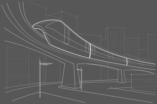 istock Linear abstract architectural sketch city street with monorail on gray background 1412705767
