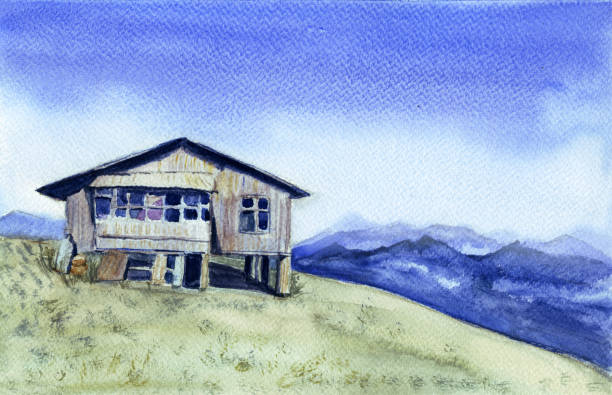 illustrations, cliparts, dessins animés et icônes de paysage de montagne aquarelle avec une vieille maison de village en bois. ciel bleu et pente verte. illustration à l’aquarelle peinte à la main. - paintings canvas cottage painted image