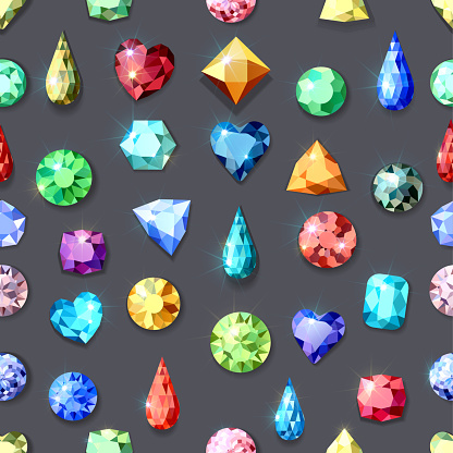 Sparkling multicolored gems of different shapes and cuts. Seamless pattern. fabric texture.