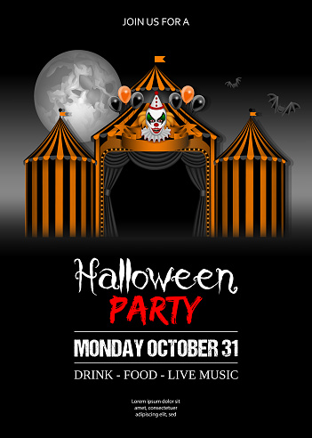 halloween poster with black and orange circus and evil clown