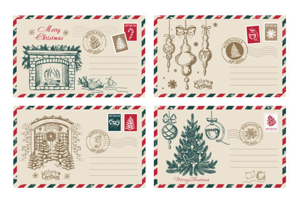ilustraciones, imágenes clip art, dibujos animados e iconos de stock de correo de navidad, postal, ilustración dibujada a mano. - postage stamp air mail envelope mail
