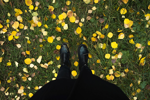 Woman wearing shoes standing on autumn yellow foliage in forest. Top view