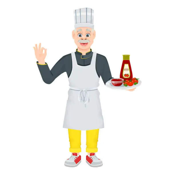 Vector illustration of Cartoon old chef man with bottle of ketchup on the silver dish