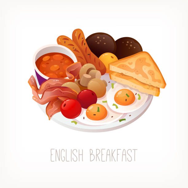 Traditional english breakfast dish with eggs bacon sausages and beans. Most classic british food. Isolated vector image. Traditional english breakfast dish with eggs bacon sausages and beans. Most classic british food. Isolated vector image. english breakfast stock illustrations