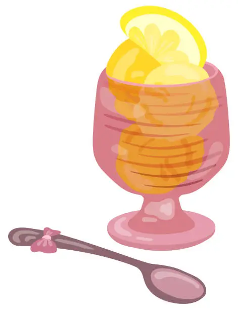 Vector illustration of Lemon ice cream in glass vase with lemon slice and pretty spoon. Hand drawn vector illustration. Suitable for website, stickers, postcards, menu.