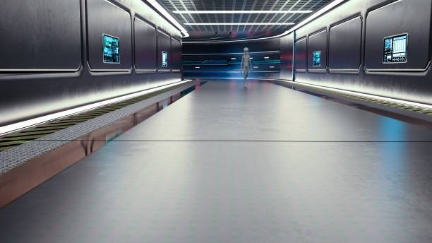 istock 3d Illustration of a single grey alien walking in a starship corridor distant view. 1412717160
