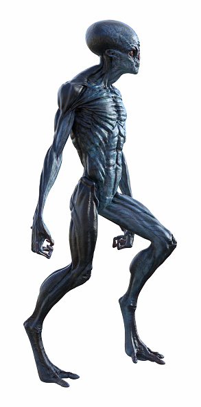3d illustration of a male alien with red eyes walking on a white background.