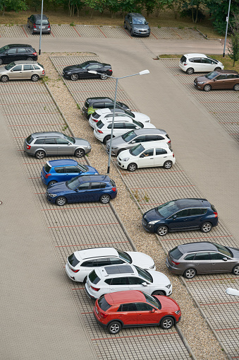 Magdeburg, Germany – July 29, 2022: Bird's eye view of parking lot in Magdeburg city center in Germany