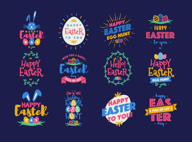 ilustrações de stock, clip art, desenhos animados e ícones de vector easter emblem set colorfull style - alphabet design element text text messaging