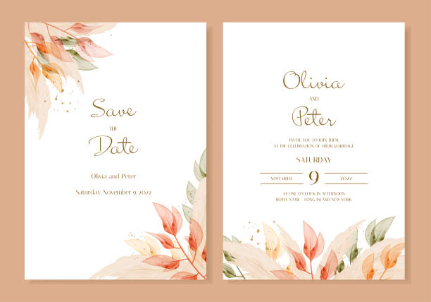 ilustrações de stock, clip art, desenhos animados e ícones de wedding invitation with autumn flowers and leaves in red, yellow, warm and golden colours with pampas. elegant editable boho-inspired invitation. vector - convite