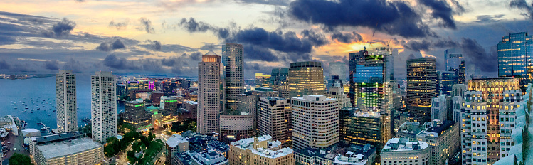 Boston Sunrise, Panoramic High view of the city of Boston Cityscape Skyline Looking South Towards the South End and South Boston