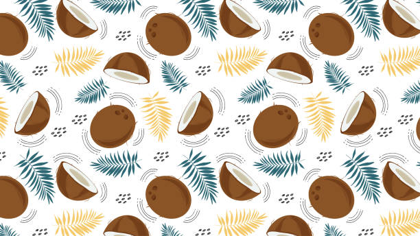 Seamless horizontal pattern with coconut, palm leaves and abstract elements, on a white background. Whole coconut and slice. Vector illustration in cartoon flat style. Seamless horizontal pattern with coconut, palm leaves and abstract elements, on a white background. Whole coconut and slice. Vector illustration in cartoon flat style. cocos stock illustrations