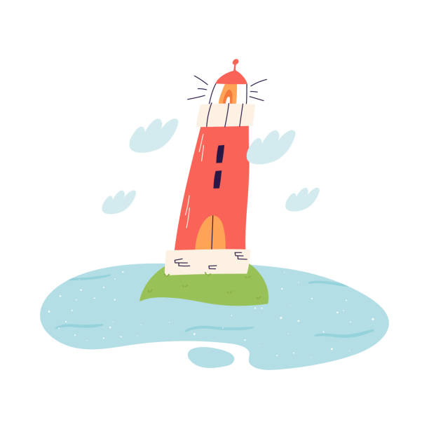 istock Cute lighthouse on island in the middle of sea or ocean, flat vector illustration isolated on white background. 1412719367