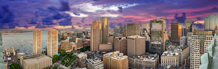 Boston Sunrise, Panoramic High view of the city of Boston Cityscape Skyline Looking South Towards the South End and South Boston