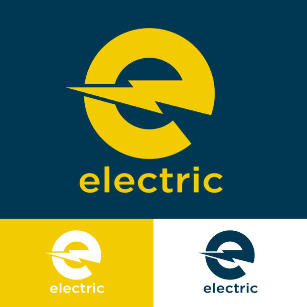 Electric Industrial icon. Power industry symbol. Yellow E letter with lightning on a dark background. Emblem for business, industry, internet, app, online shop, label or packaging. letter e stock illustrations