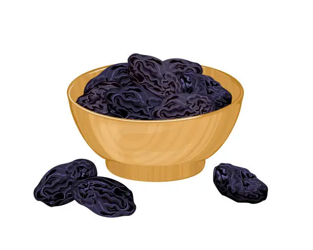 Vector illustration of Prunes in wooden bowl isolated on white background. Dried fruits vector illustration in cartoon flat style.