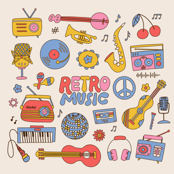 Set of retro music players, cassette recorder, headphones, , vintage turntable, cassette, musical instruments and vinyl plate. Hand drawn vector illustration isolated in modern 70s vintage style. Set of retro music players, cassette recorder, headphones, , vintage turntable, cassette, musical instruments and vinyl plate. Hand drawn vector illustration isolated in modern 70s vintage style radio drawings stock illustrations