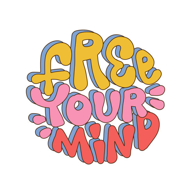 Free your mind - retro round sticker in retro style 70s, 80s. Slogan design for t-shirts, cards, posters. Positive motivational quote. Vector hand drawn typographic illustration Free your mind - retro round sticker in retro style 70s, 80s. Slogan design for t-shirts, cards, posters. Positive motivational quote. Vector hand drawn typographic illustration. lsd trip stock illustrations