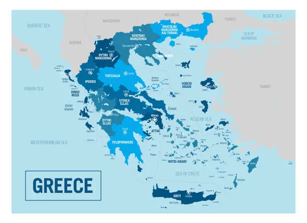 Vector illustration of Greece country political map. Detailed vector illustration with isolated provinces, departments, regions, counties, cities, islands and states easy to ungroup.