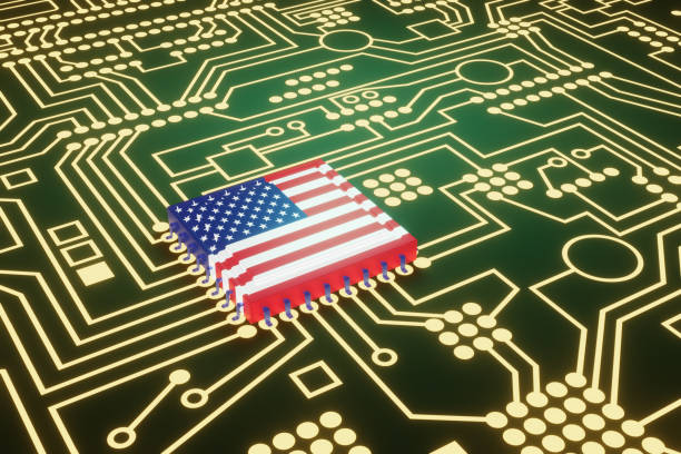 istock An advanced CPU printed with a flag of USA on a neon glowing electronic circuit board 1412723826