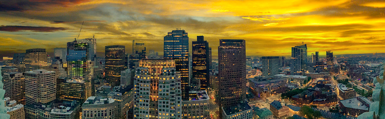 Boston Sunset, Panoramic High view of the city Boston Cityscape Skyline Panorama Looking West towards the Financial District and the West End