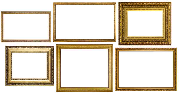 istock Set Classic Old Vintage Wooden mockup canvas frames isolated on white background. Blank Beautiful and diverse subject moulding baguette. Design element. use for framing paintings, mirrors or photo. 1412725154