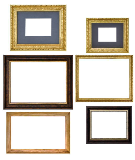 istock Set Classic Old Vintage Wooden mockup canvas frames isolated on white background. Blank Beautiful and diverse subject moulding baguette. Design element. use for framing paintings, mirrors or photo. 1412725160
