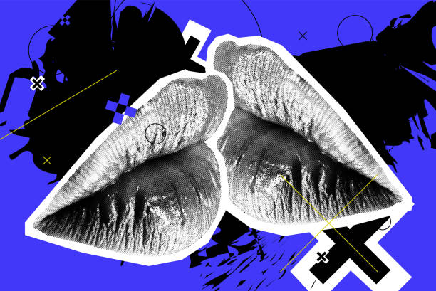 Kissing Halftone Woman Lips On Bright Background vector art illustration