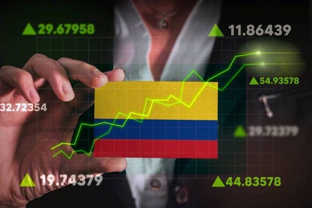 Graph growing up in Front Of Colombia Flag. stock photo
