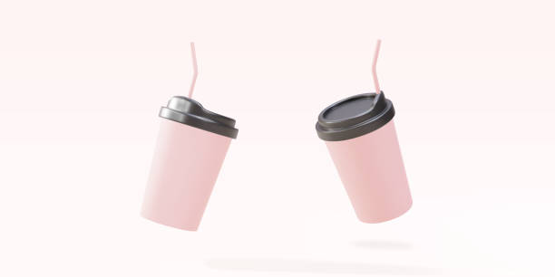 istock 3D two pink paper coffee cups with a straw on a pink background. Vector illustration. 1412726301